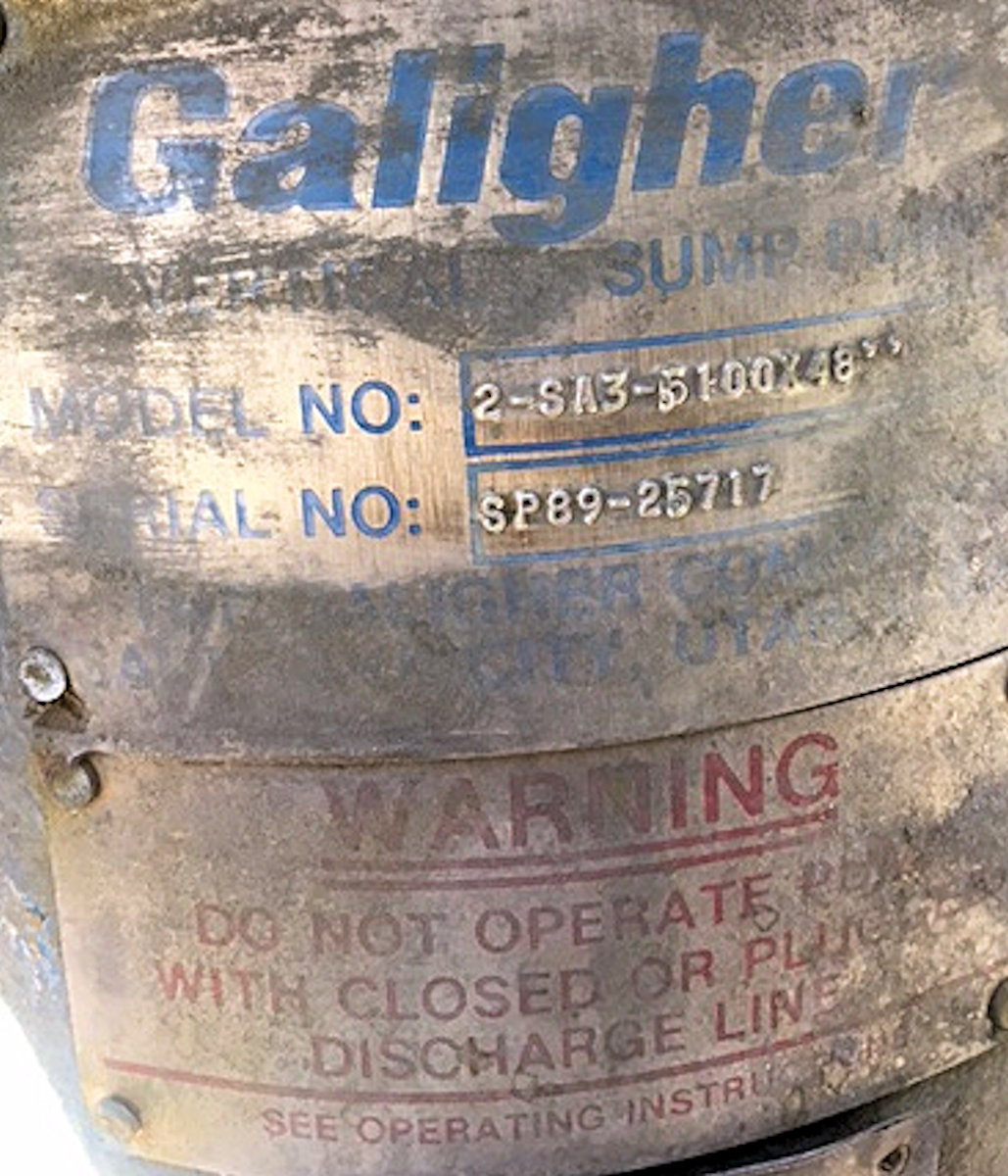 2 Units - Galigher Model 2-sa3-5100x48" Sump Pumps With 20 Hp Motor)